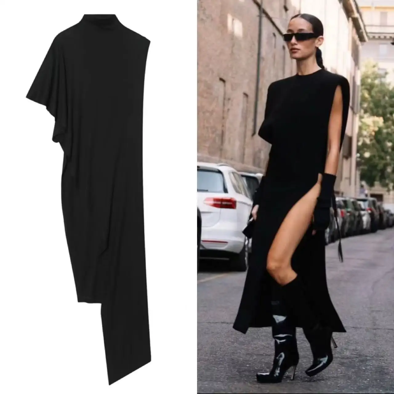 Nouvelle Robe Décontractée Ample et Polyvalente pour Femme, Col Montant, Manches Courtes, Ourlet Asymétrique Plissé, Collection Été 2026