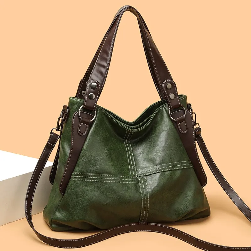 Vintage Women PU Leather Tote Bag Vintage Contrast Color Ladies Shoulder Handbag Removable Strap for Daily Shopping Travel