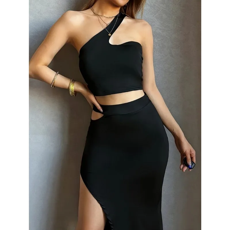 GACVGA Elegante abito lungo con spacco alto con spalle scoperte Moda donna senza spalline senza maniche Backless Sexy aderente Club Party Abito lungo