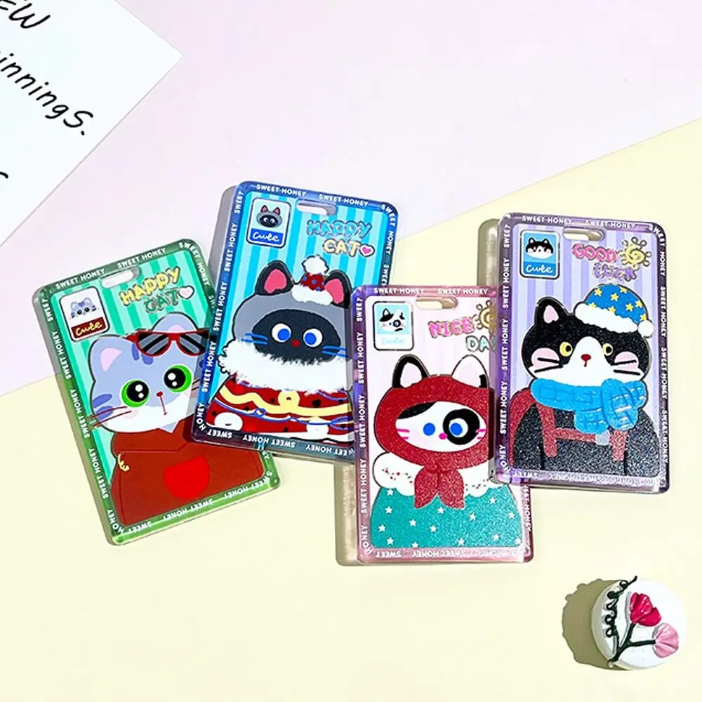 Card Holder Case Bag Portable Cartoon Cat with Keychain straps Transparent  Anti-lost Student Office Supplies Travel Accessories