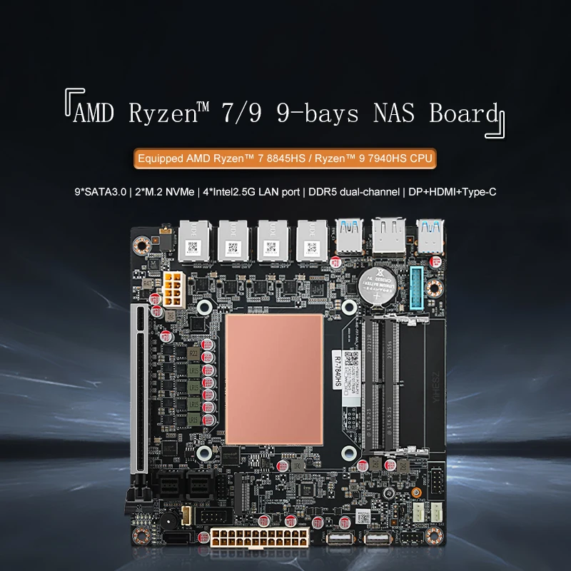 8845hs 9 Bay Nas Board 4*i226 2.5g 2*m.2nvme Pcie 16x Dual Ddr5 Channel Tpye-c Dp 4k@60hz 17x17 Mini Itx Board
