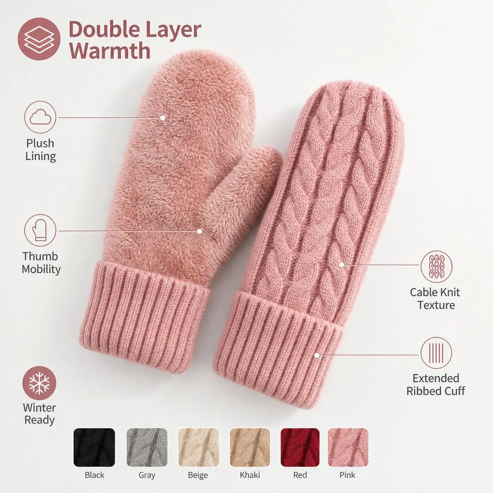 Gifts Knitted Winter Mittens Lined Double Layer Knit Mittens Cable Knit Ribbed Cuffs Thermal Mittens For Women