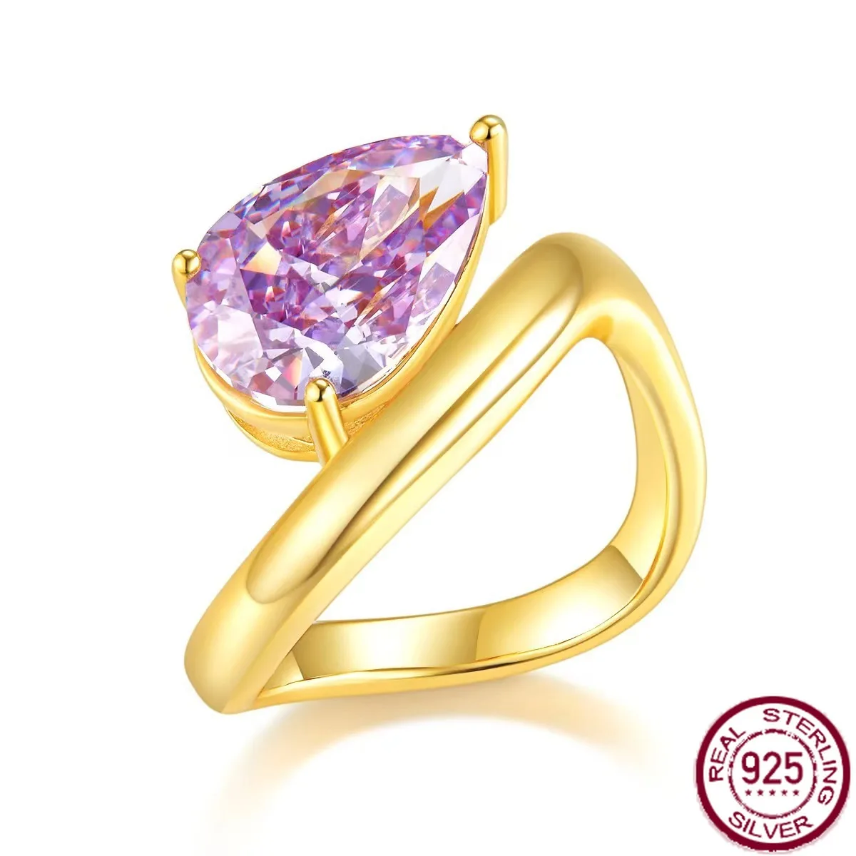 

New popular s925 pure silver full diamond 6-carat water droplet violet luxury luxury fashion ring wedding jewelry