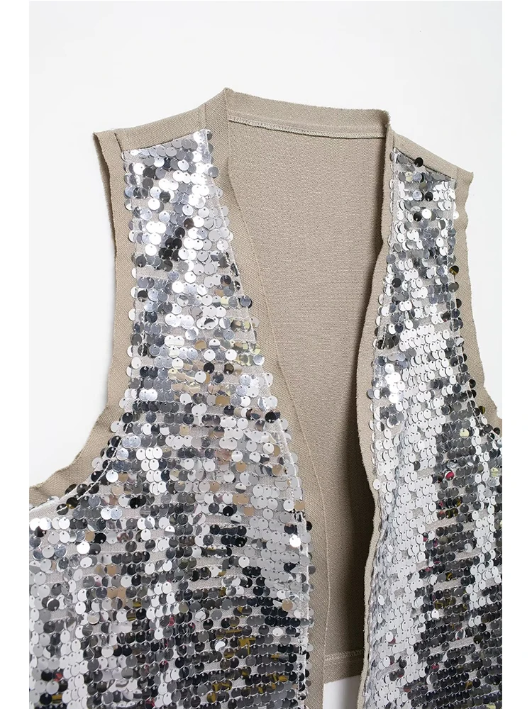 TRAF Fashion Sleeveless Silver Sequins Vest Women 2024 Crop Top Short Skirt Two Piece Set Female Casual Outfits