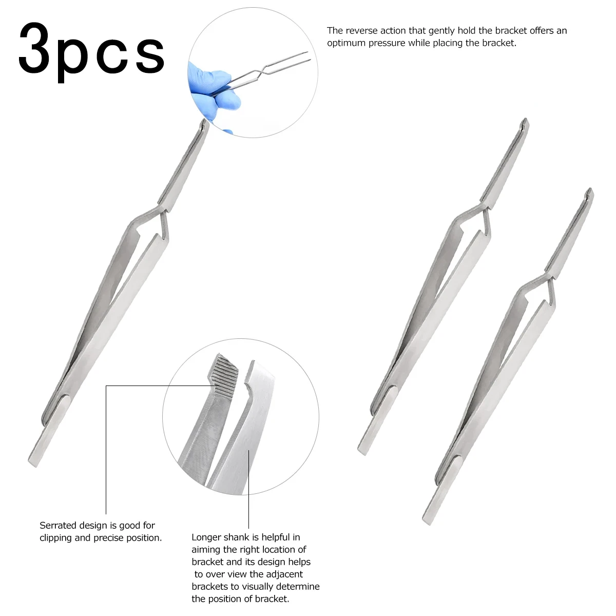 3Pcs Dental Orthodontic Bracket Tweezers Dental Reverse Action Serrated Dentistry Instruments Stainless Steel Reusable