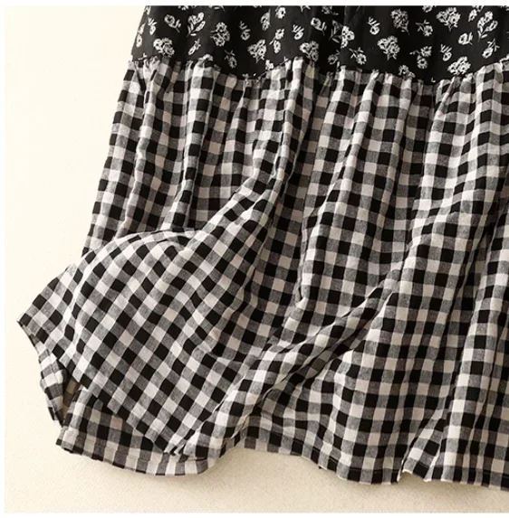 2023 Summer New Arts Style Women Short Sleeve Loose Casual O-neck Dress Patchwork Plaid Vintage Cotton Linen Dresses