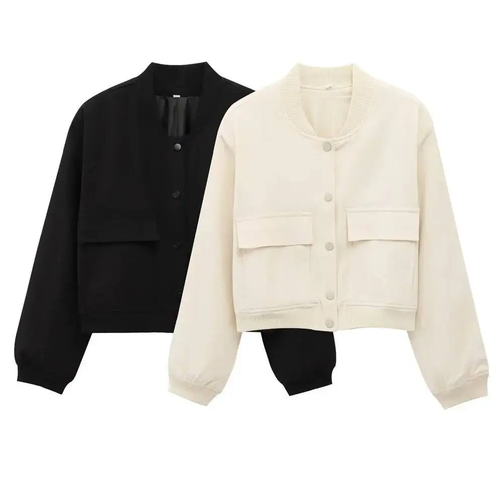 

Women's Short Bomber Jackets In Black Beige Button Design Pockets Ideal For Casual And Trendy Outfits