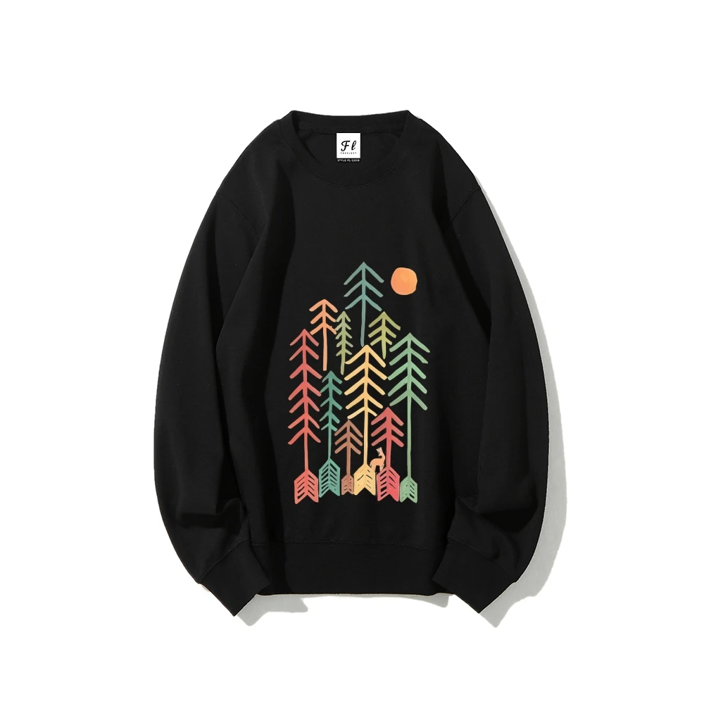 Kleurrijk Forest Sun Sweatshirt Levendige boomprint Creatieve Nature Vibe Stijlvolle casual losse ontspannende streetwear top met lange mouwen