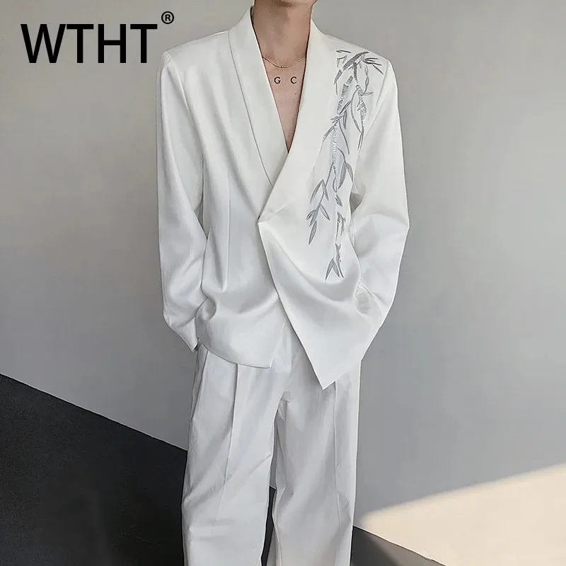 WTHT Trendy 2025 Autumn Men's Bamboo Leaves Embroidery Blazer Coats Fashion Long Sleeves Turn Down Collar Jackets Male 2A1496
