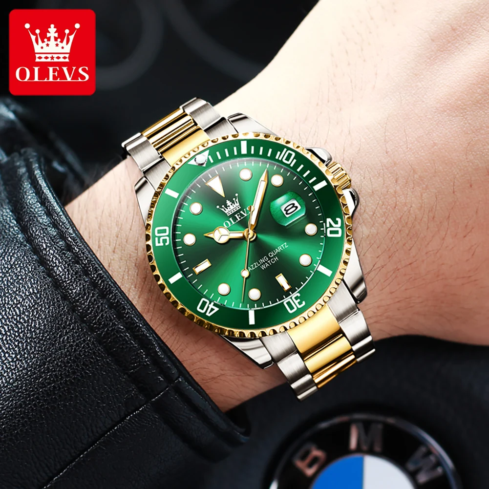 Olevs relógio masculino de aço inoxidável marca superior verde água fantasma quartzo relógio de pulso à prova dwaterproof água calendário luminoso luxo reloj