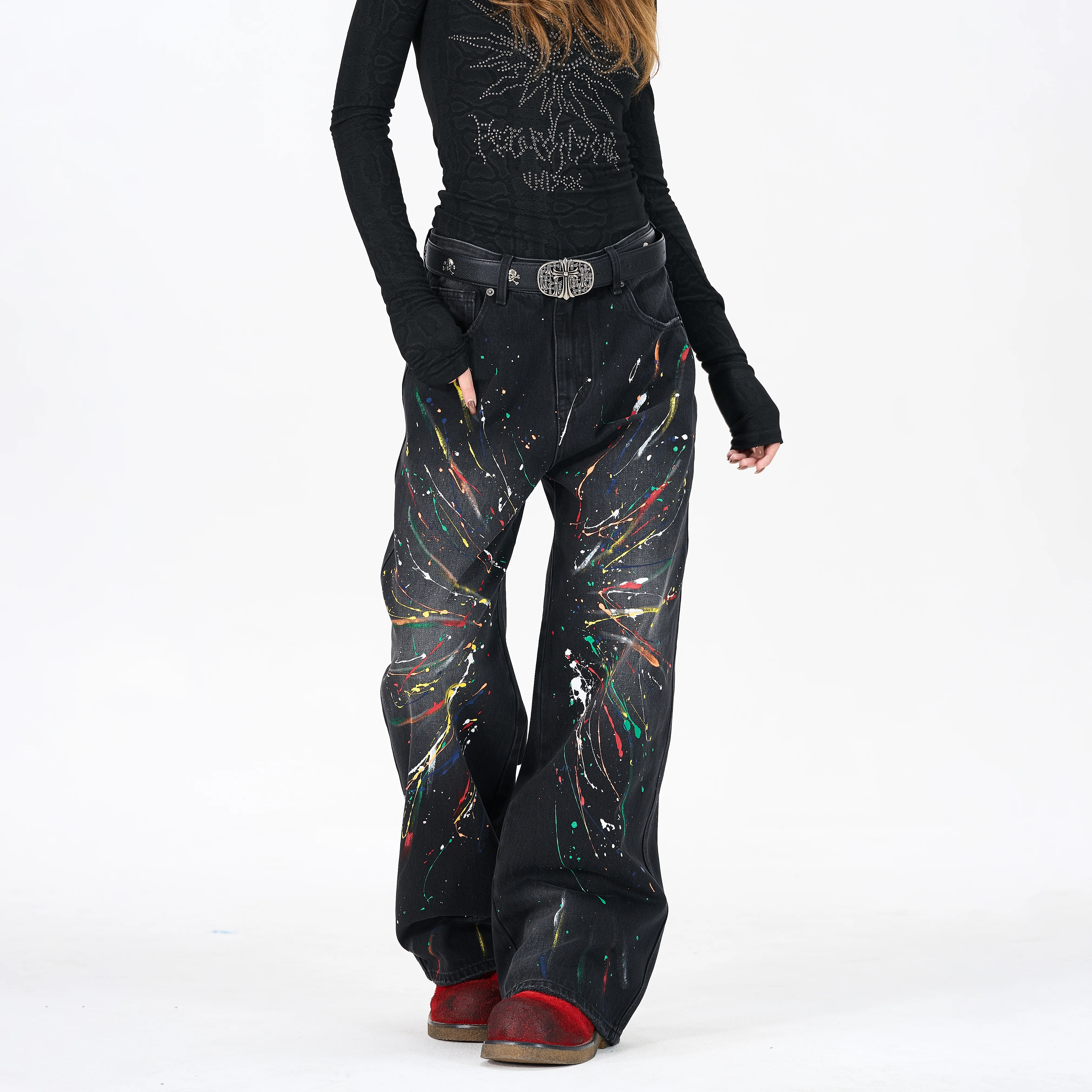 

AL063 BLCG High Waist Super Quality Loose Fitting Denim Pants Heavy Thick Unisex Fashion Art Stylish Hand Painting Jeans