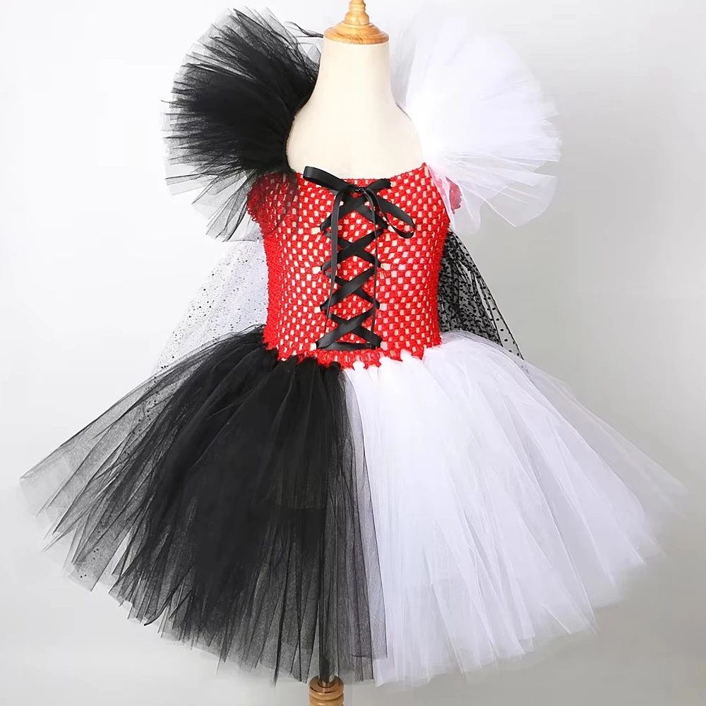 Black White Cruella de Vil Costumes Girls Dalmatian Dog Tutu Dress with Cloak Kids Christmas Halloween Outfit New Years Clothes