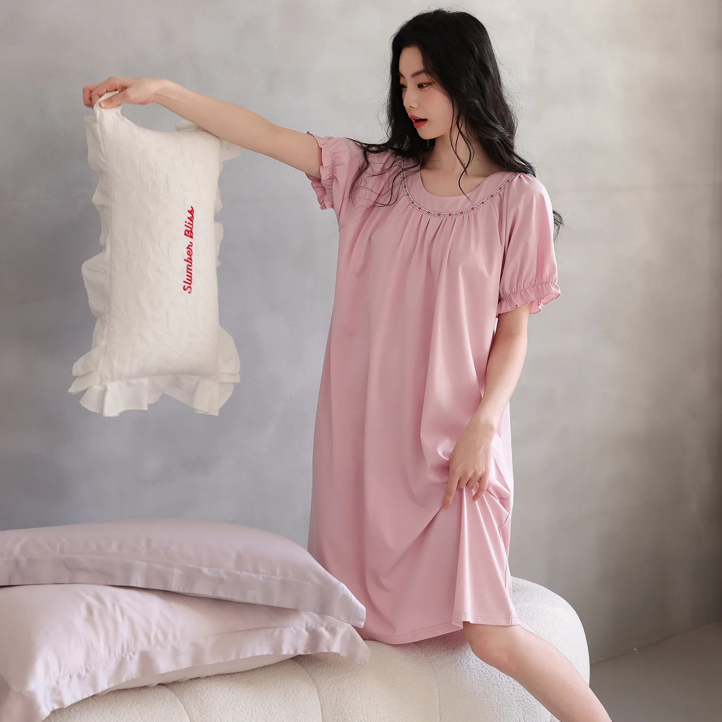 Pajamas Women's Summer Tencel Cotton Short Sleeve Medium Skirt Thin with Chest Pad Cold Silk Cool Pajamas Large Size Loungewear
