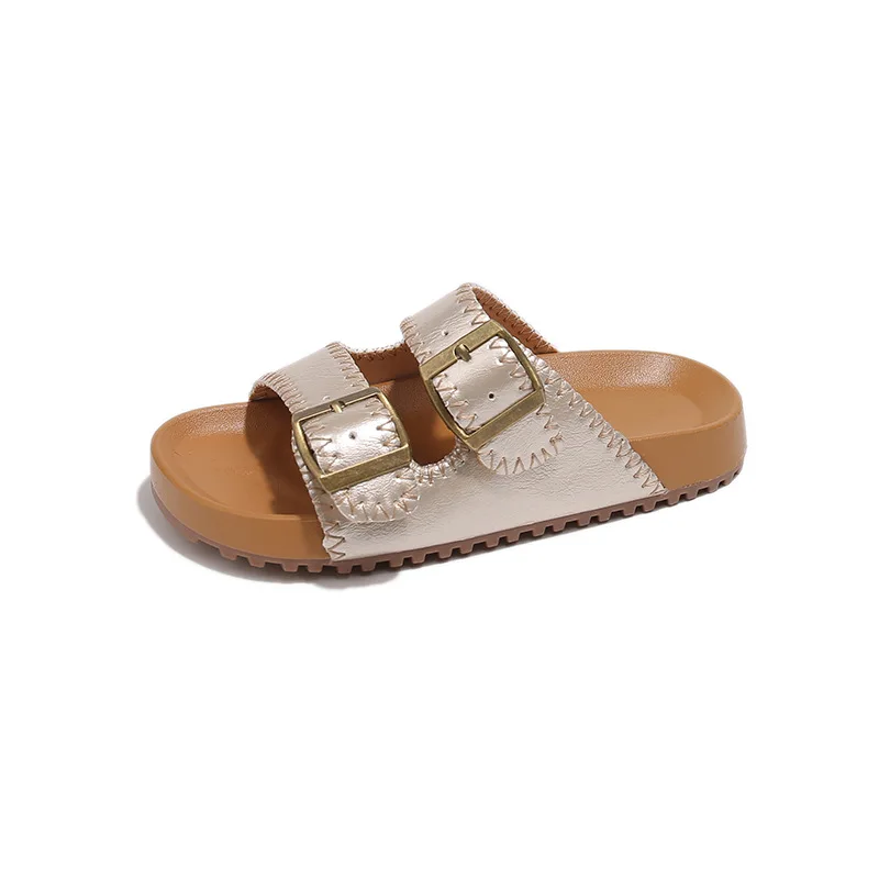 

Детские сандалии серебристого и золотого цвета, летняя пляжная обувь, модный дизайн, детские тапочки с пряжкой, сандалии унисекс без шнуровки для мальчиков и девочек