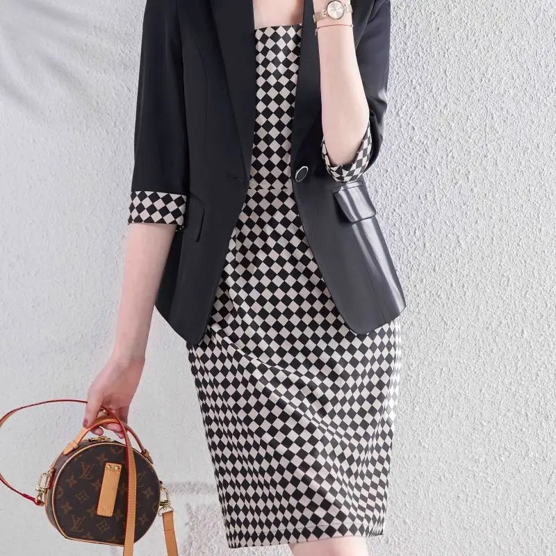 4-A16  Fashion small suit jacket women\'s dress suit plaid contrast color temperaece suit 2023 summer new style skirt