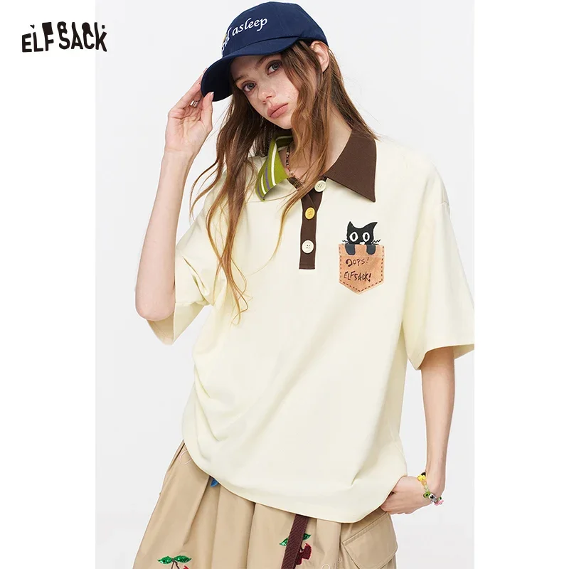 ELFSACK Cat Pocket Polo T-Shirt, Color Block Collar Oversized Tee with Cute Embroidery