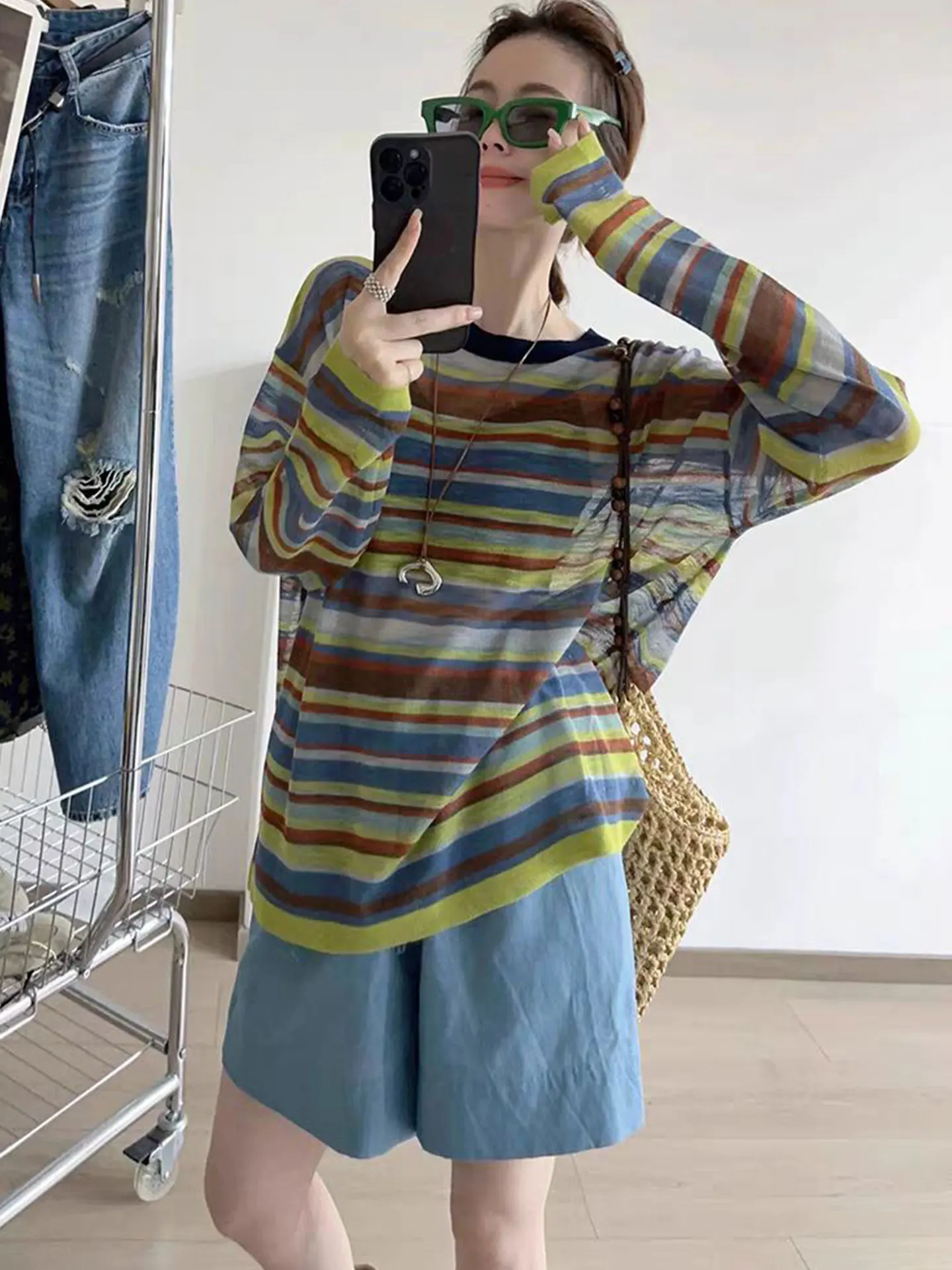 

Женский трикотажный пуловер Ele Long Sve из ледяного шелка с круглым вырезом, в полоску, с цветовыми блоками, летний, модный