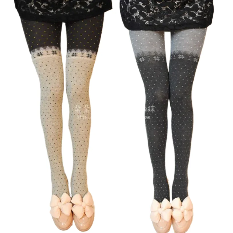 Japanese Style Snowflake Tights Woman Beige Brown Gray Medias Socks Hot Beautiful Legs Pantyhose Retro Thin Stockings.