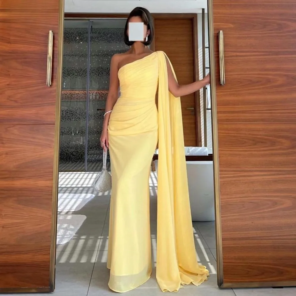 Yellow Mermaid Prom Dresses One Shoulder Specail Party Women Prom Gowns Long Arabic Formal Evening Dress