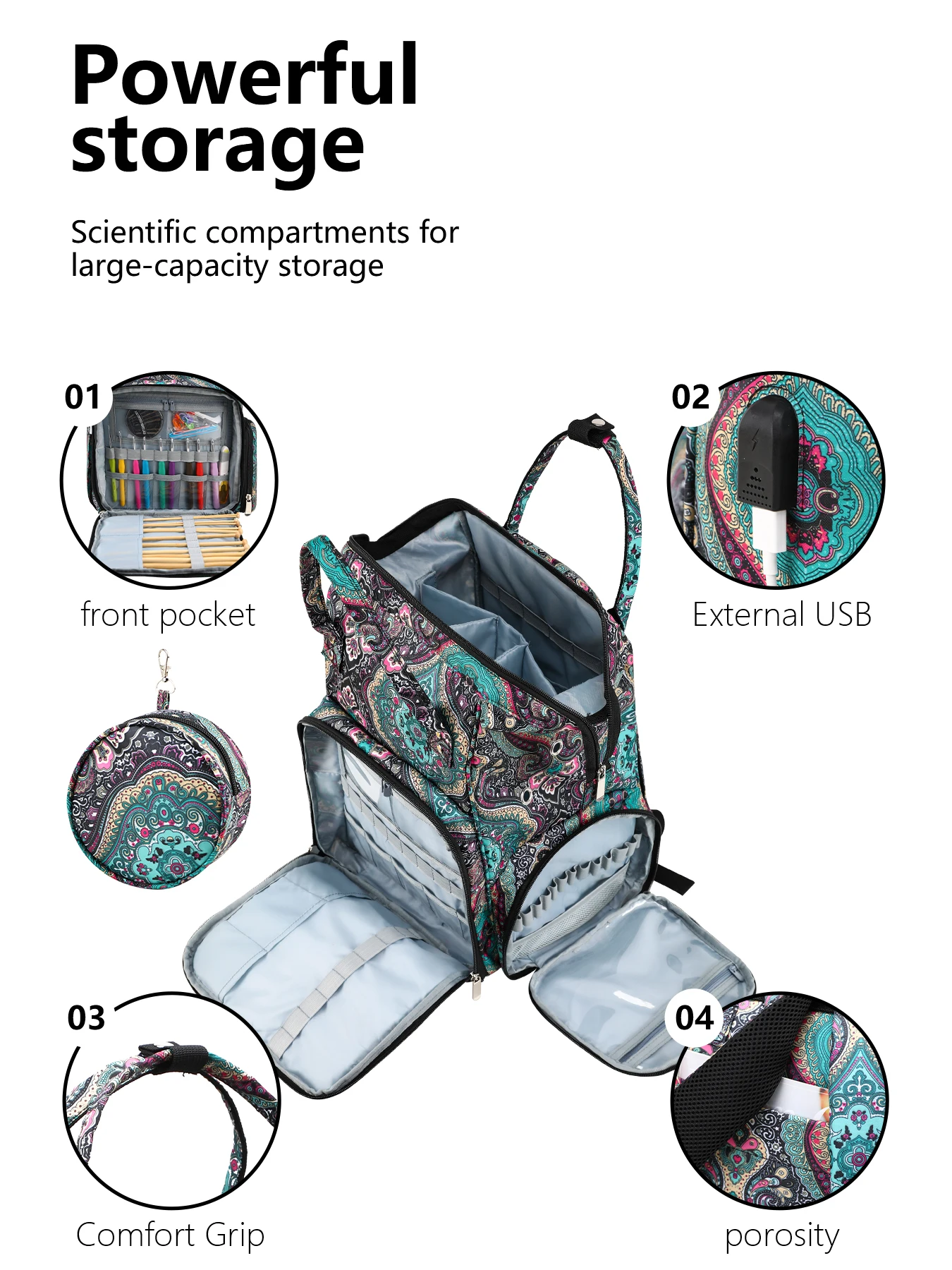 Hot Sell Lagre Capacity Yarn Storage Bag Cashew Flower Knitting Tote Bag Portable Travel Bag With USB Port For Sewing Accessoriy
