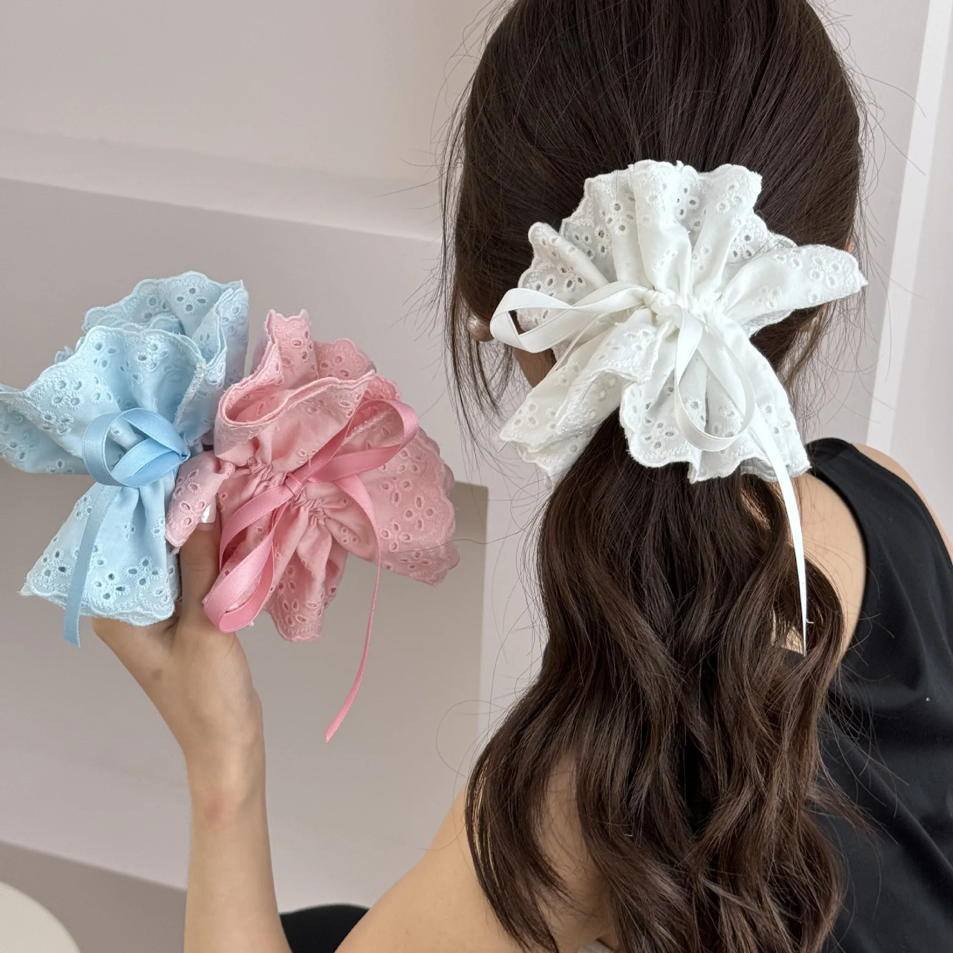 

French Gentle Drawstring Hair Ring For women's Head With Ponytail Hollow Lace Large Intestine Hair Rope Accessories
