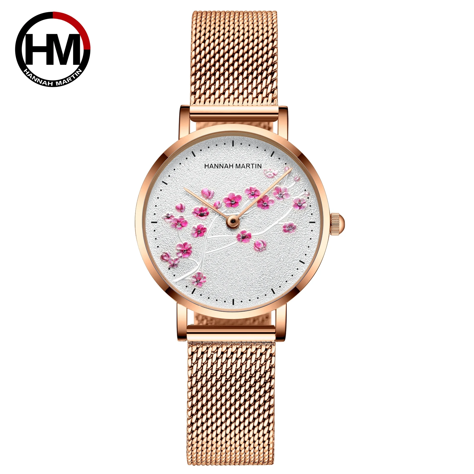HANNAH MARTIN Women Watch 1324 Plum Blossom Carving 3D Stainless Steel Mesh Rose Gold Clock Japanese Movement Quartz Watch Women