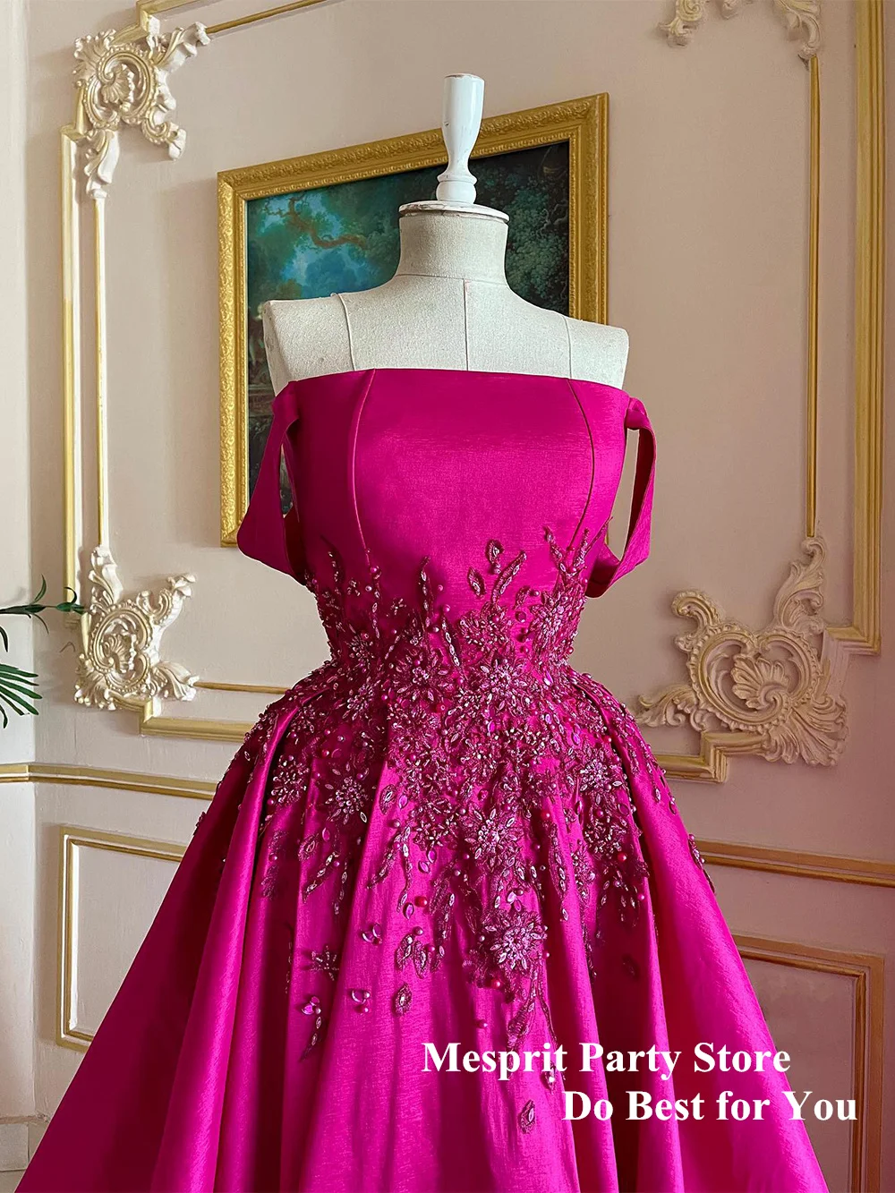 Fuchsia Evening Dress Real Prom Gown Strapless Sleeveless Beading Applique A Line Satin Saudi Party Dresses for Weddings