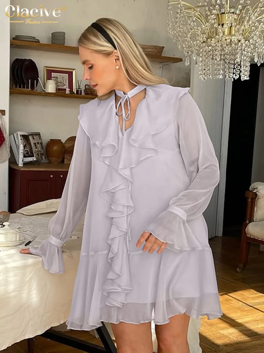 

Clacive Fashion Loose Gray Women's Dress 2025 Sexy V-Neck Long Sleeve Mini Dresses Elegant Classic Ruffles Solid Female Dress