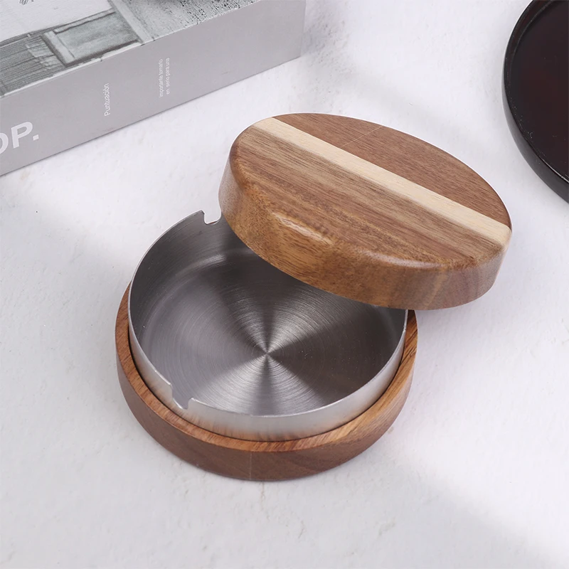 Kreative Aschenbecher mit Deckel, Walnussholz, Desktop-Edelstahl, winddicht, Aschenbecher für Rauchen, Büro, Heimdekoration