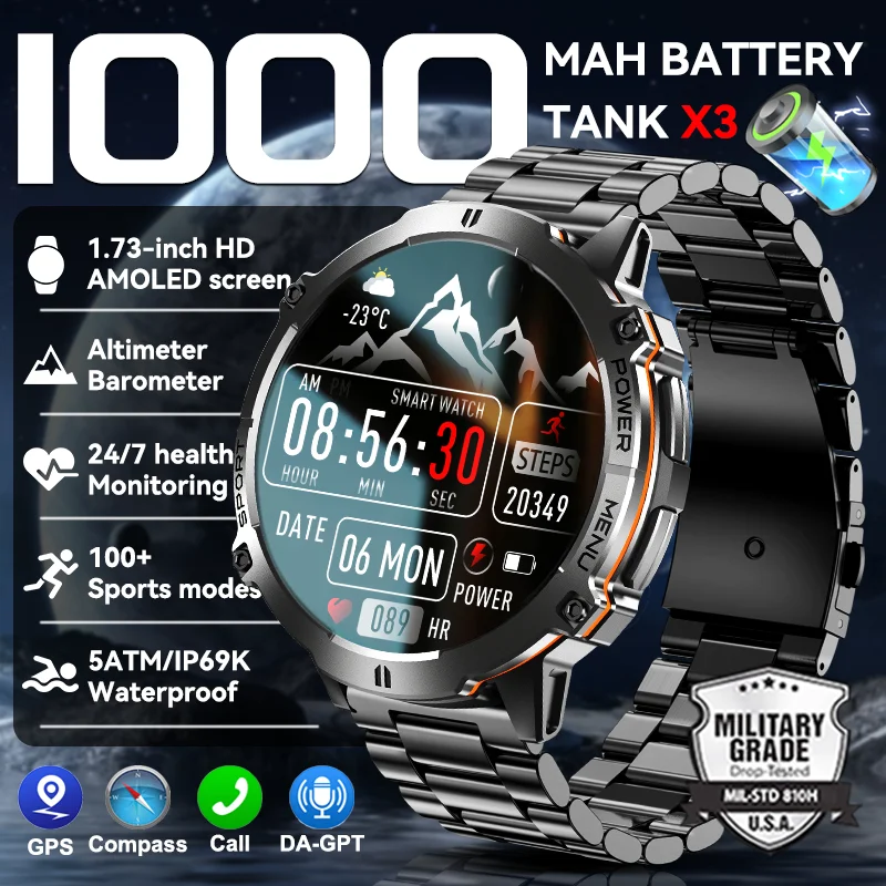 

2025New Military 1000mAh Battery Smart Watch GPS Altimeter Barometer Compass 5ATM Waterproof Bluetooth Call Sport Smartwatch Men