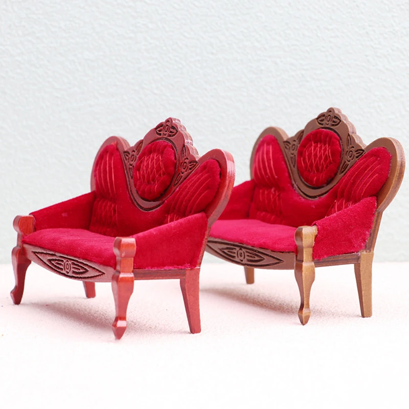 1:12 Dollhouse Miniature Sofa Red Retro Armchair Wooden Sofa Model Dollhouse Living Room Furniture Decor Toy