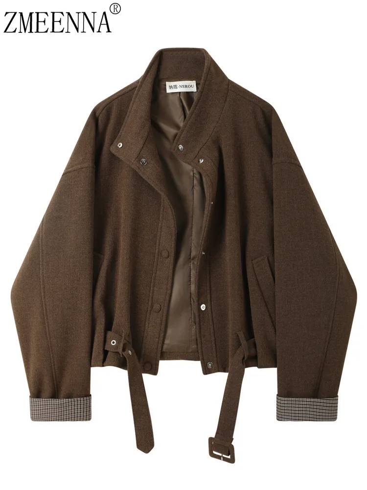 

ZMEENNA Женская коричневая шерстяная куртка с высоким воротником и поясом в клетку с манжетами и пуговицами на осень ZM4276