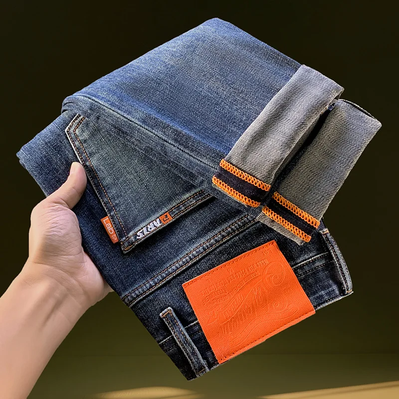 Men's jeans fashion trend slim fit elastic small feet washed blue casual versatile denim pants