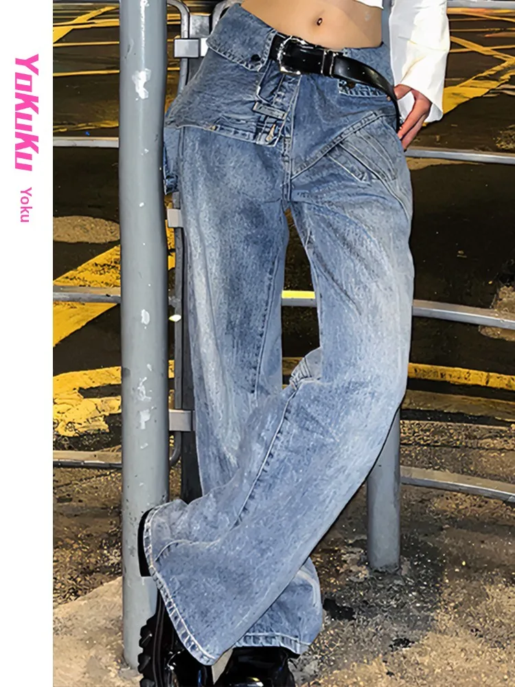 

Cool Unconventional High Waist Wide Leg Jeans Women's Loose Fit Distressed Denim Pants European Style Trousers for Young Ladies
