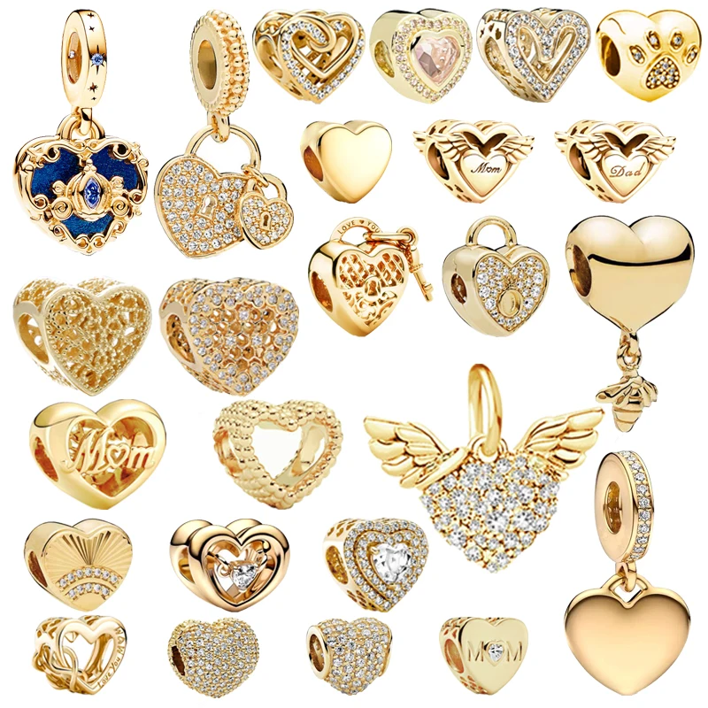 Gold Sparkling Hearts Mum Dad Angel's Wings Charm Beads Fit Original 925 Sterling Silver Pandora Bracelet DIY Women Jewelry Gift