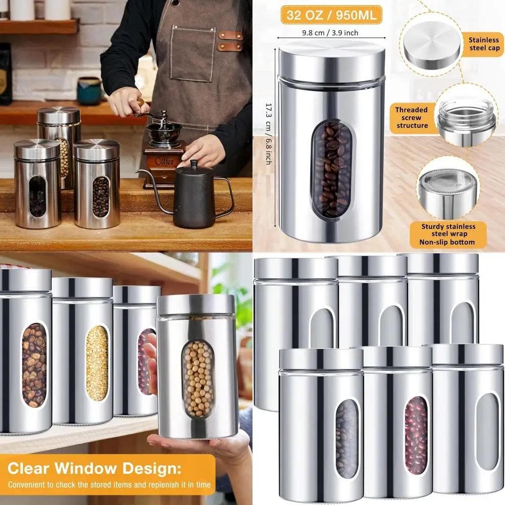 

Airtight 6-Piece Kitchen Canister Set with Glass Windows for Coffee, Sugar, Tea, Candy, Cookies, Spices, and Grains (32 oz)