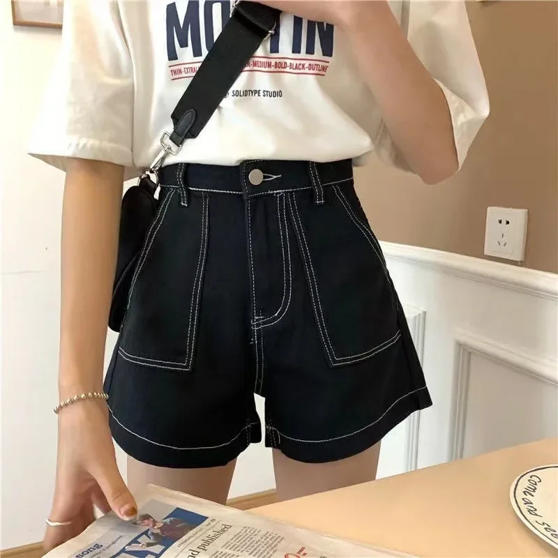 New Women Black Stitches High Waist Denim Shorts Summer Fashion Solid Colors Jeans Shorts All-Match Preppy Style Chi Girls Wears