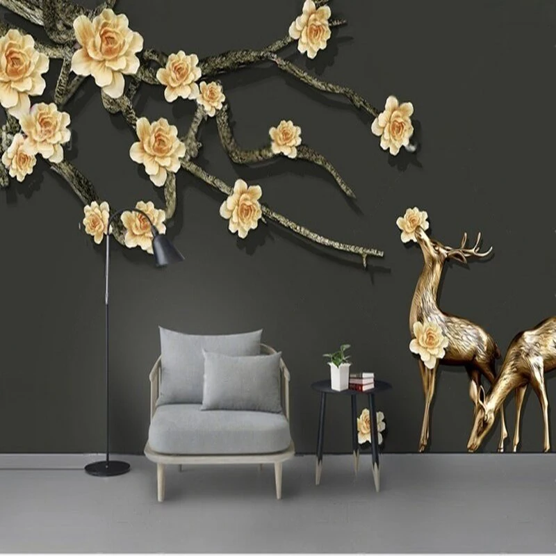 

MU9097 Custom Wall Murals Wallpaper Modern and elegant three-dimensional flower branches falling flowers reindeer relief decor