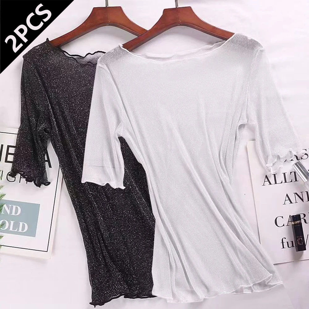 

2 PCS Silver Shiny See Through Short Sleeve T Shirt Women Y2K Mesh Elastic Female Blouses Dance Gym Yoga S-2XL Shirts Top Girl