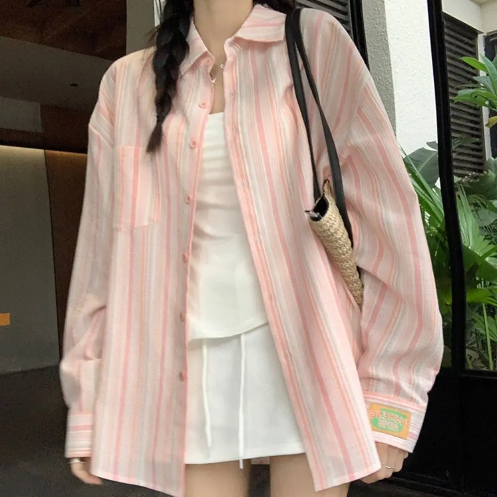 

Sun Protection Pink Striped Blouse Fashion Oversize Long Sleeve Blusas Tops Figure Flattering Turn-down Collar Tunic Tops