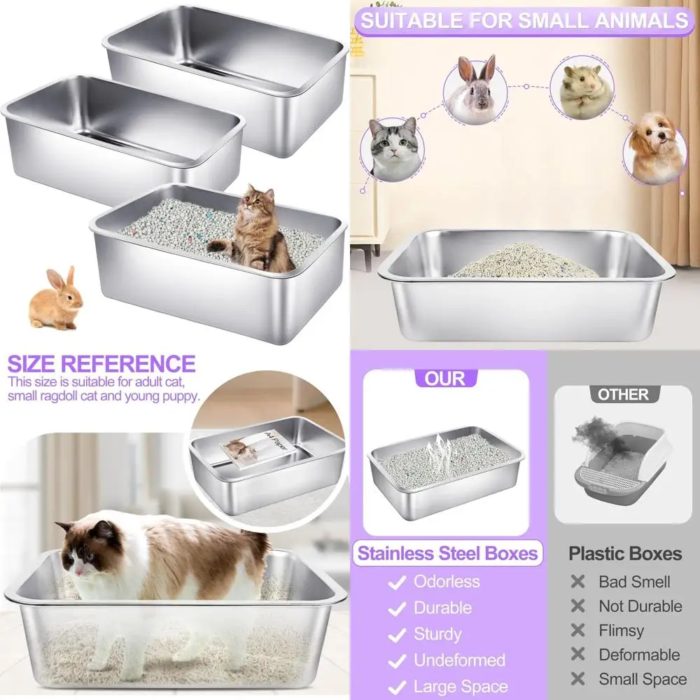 

Набор из 3 очень больших лотков для кошачьего туалета из нержавеющей стали — 23,6 длины х 15,7 ширины х 5,9 высоты см, с высокими бортами, без запаха, антипригарные, легко моются, из алюминия