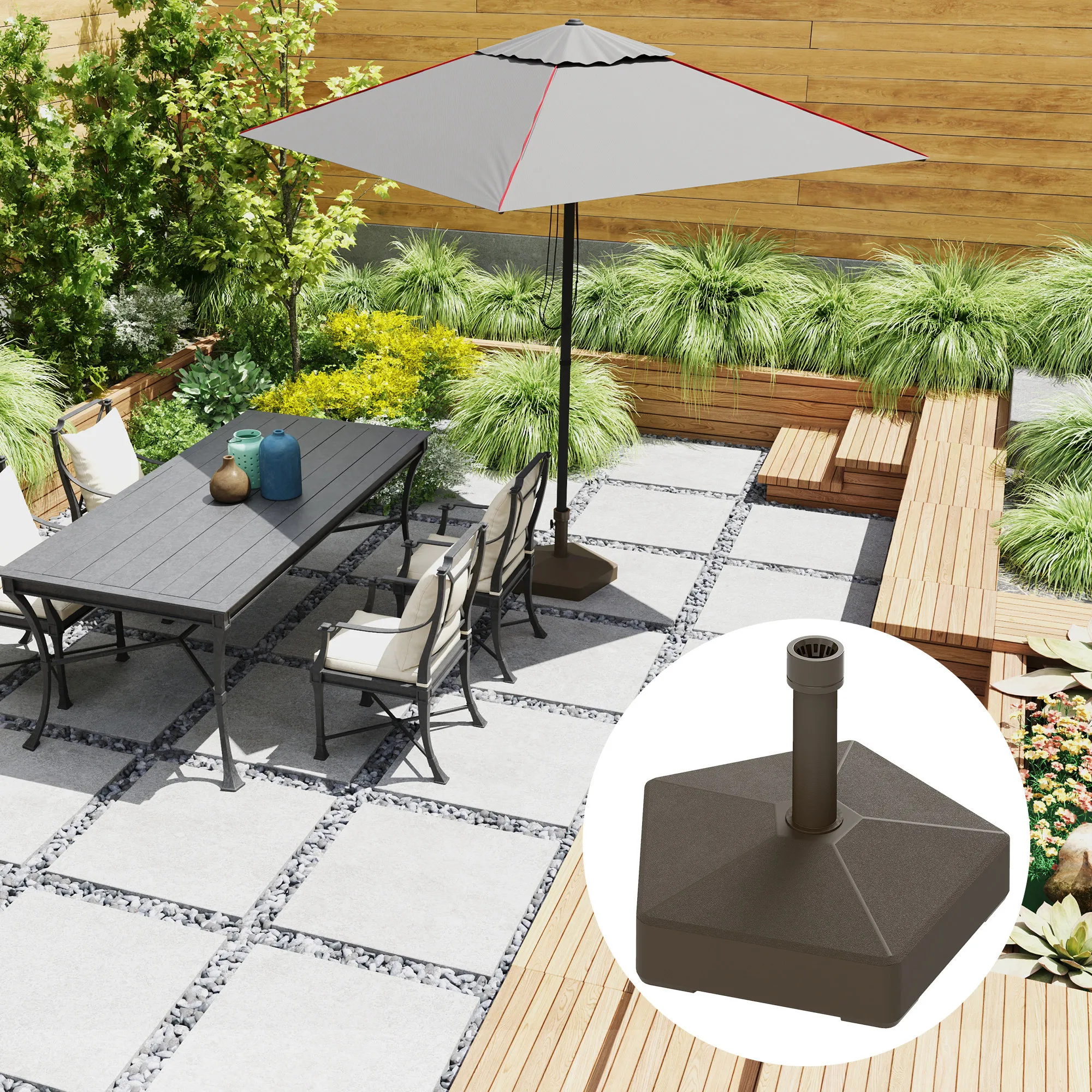 Round Patio Umbrella Base Holder, Heavy Duty Outdoor Stand Fills with 42 lbs Sand or 33 lbs Water, for Garden Poolside, Brown