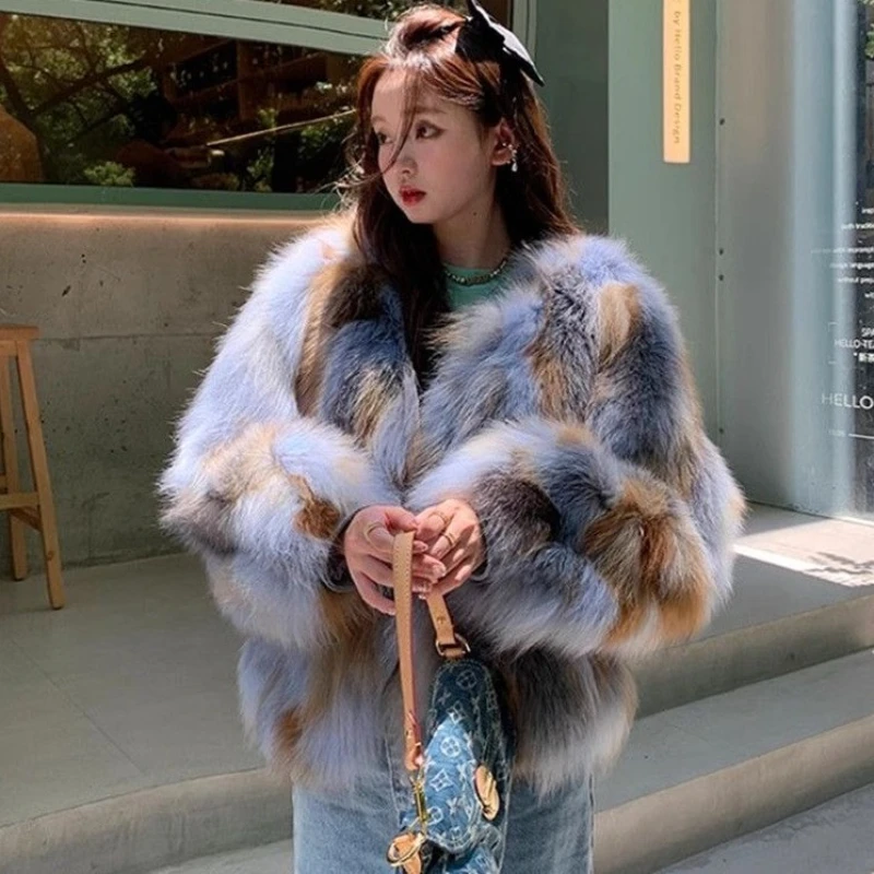 Chic Women Eco-Friendly Faux Fox Fur Patchwork Coat Contrast Color Imitation Mink Fur Jacket Flocking Parka Furry Cardigan Tops