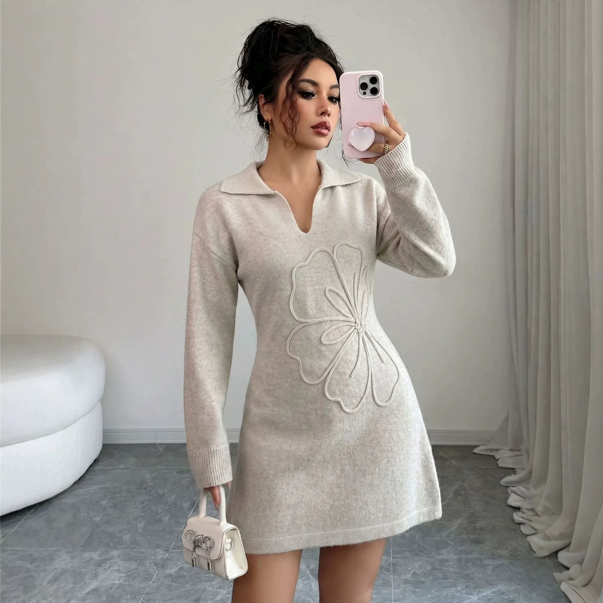 Polo Women's 3D Flower Knit Dress Long Sleeve Slim Fit Bodycon Mini Trendy Fashion Classic Cozy Elegant Luxe Hot Newest Dress