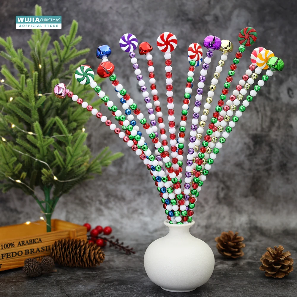 24/36/50pcs Christmas Curly Pick Red White Candy Bells Shape Candy Cane for Xmas Tree Topper Decor Home Vase Wreath Office Party