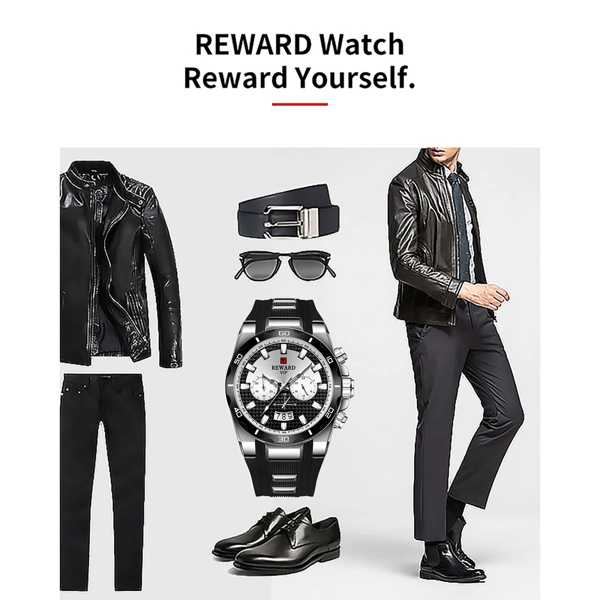 Black REWARD Quartz Watches Multi-functional Dial Silicone Band Sport Men Watch Hommes Montres