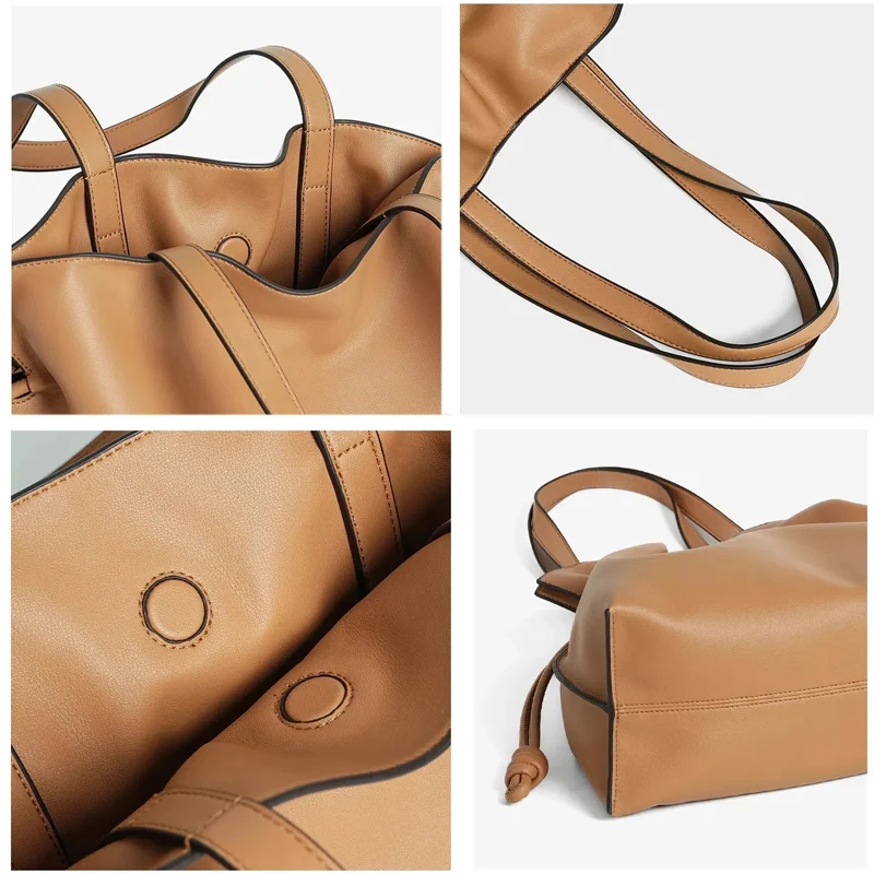 Women's Soft Cowhide Bucket Bag - Drawstring, Pleated