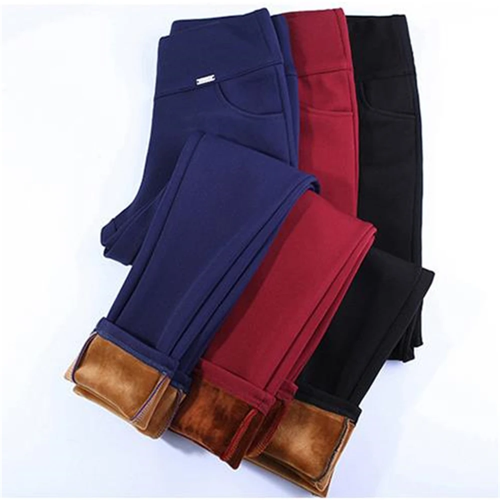 Woman Autumn Plus Velvet High Elastic Waist Pants Female Winter Solid Thick Warm Stretch Pencil Trousers Warm Stretch Capris