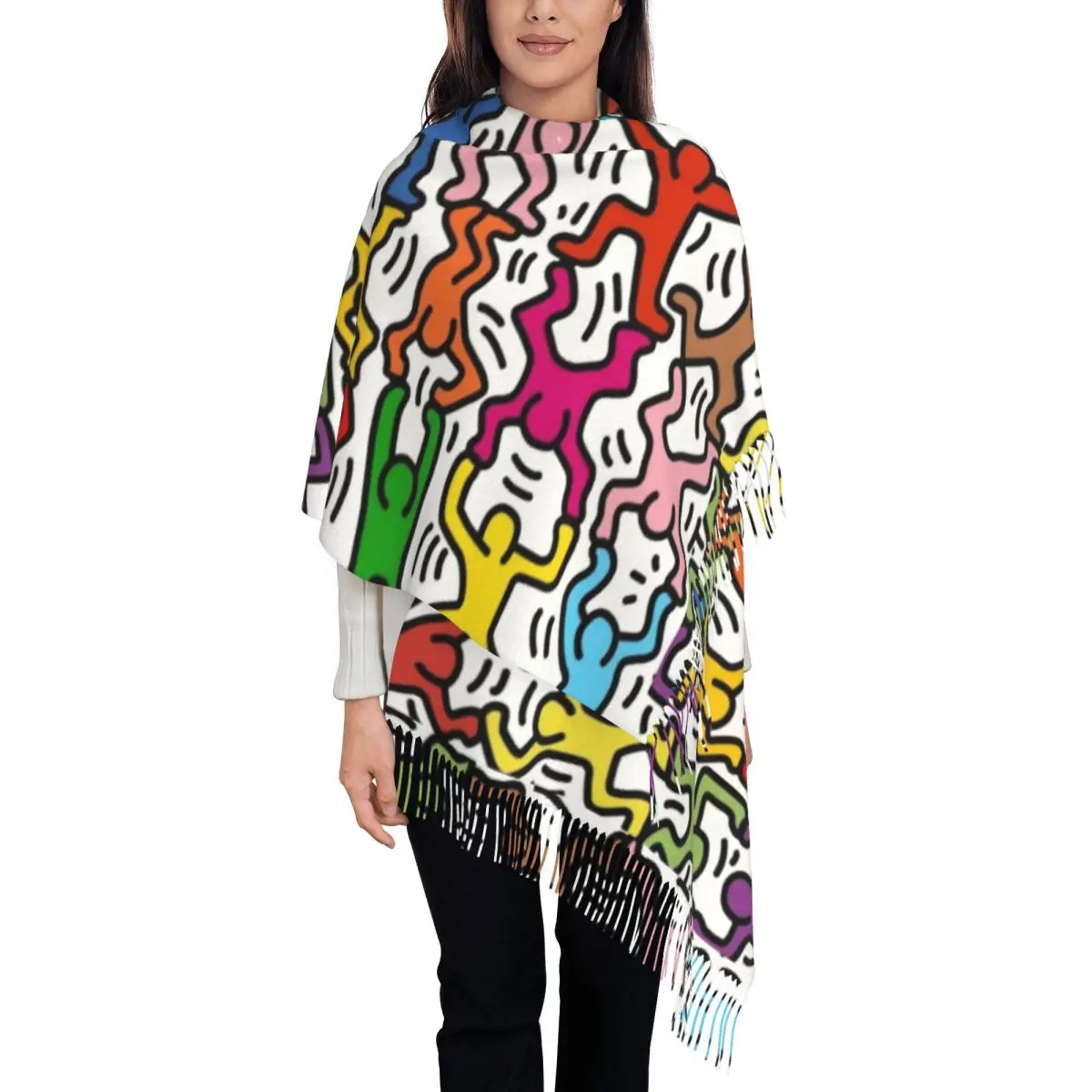 

Geometric Abstract Graffiti Paintings Art Tassel Scarf Women Soft Haring Colorful Acrobats Shawls Wraps Ladies Winter Scarves