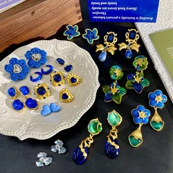 SKEDS Women Classic Blue Crystal Pearl Exaggerated Earrings Jewelry Vintage Gorgeous Palace Dangle Ear Clips For Women's Party